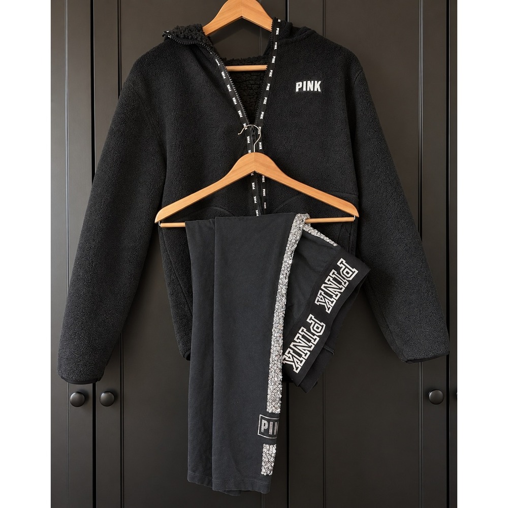 Victoria's Secret PINK Sherpa Fleece Hoodie and Sequin Leggings Set Black Large